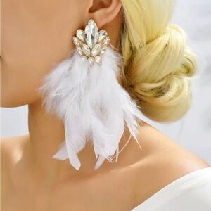Elegant White Feather Crystal Earrings